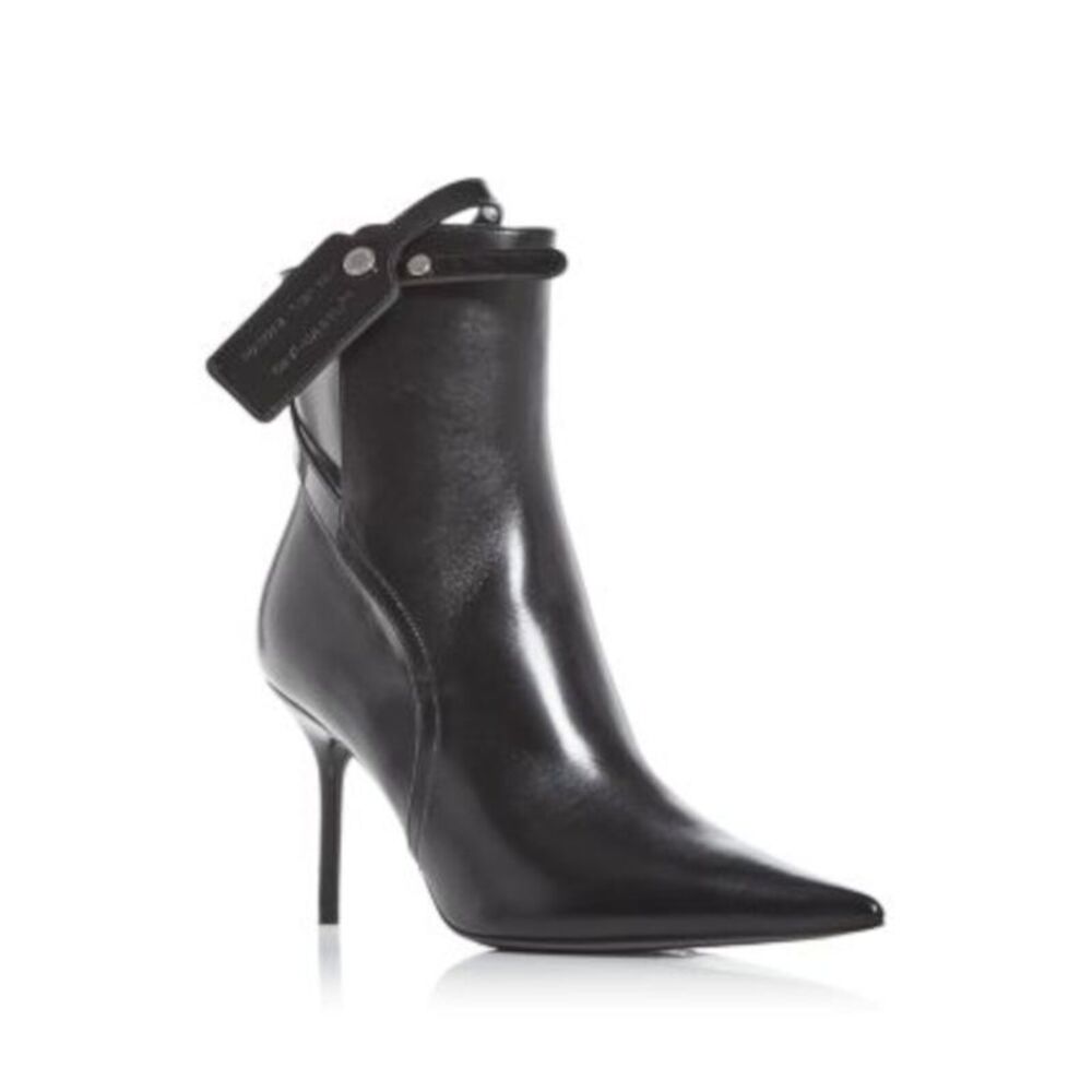 OFF WHITE Womens Black Zip Tie Strap Nappa Toe Stiletto Leather Heeled Boots 38